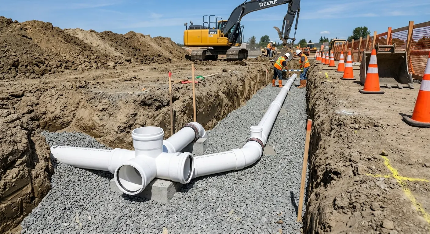 New PVC sewer pipe installation in open trench for Sewer Camera Inspection in Jamestown